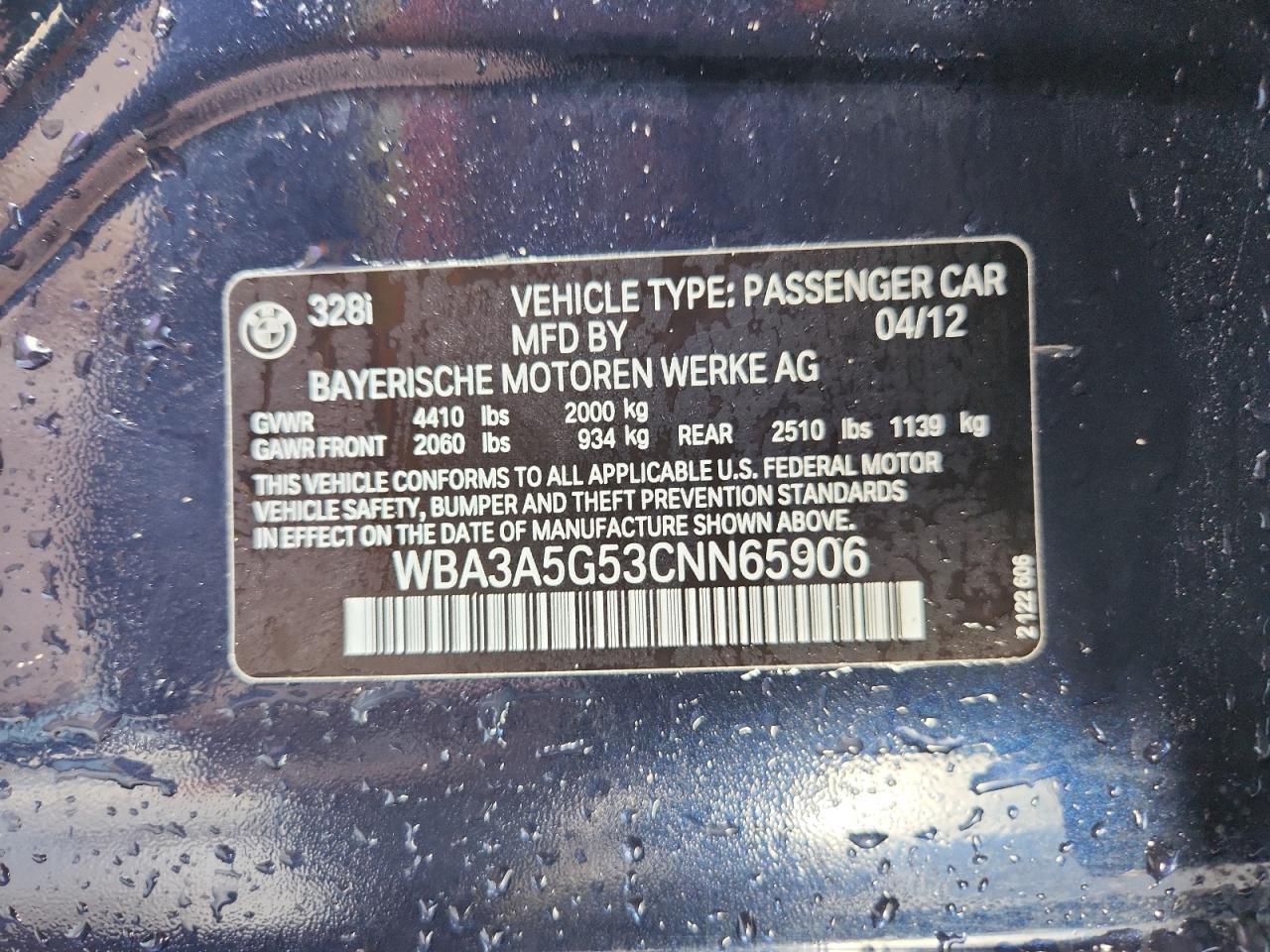 2012 BMW 328 I VIN: WBA3A5G53CNN65906 Lot: 86676005