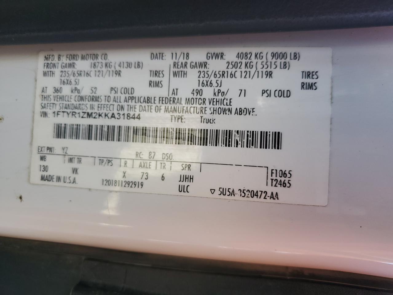 2019 Ford Transit T-250 VIN: 1FTYR1ZM2KKA31844 Lot: 85825625