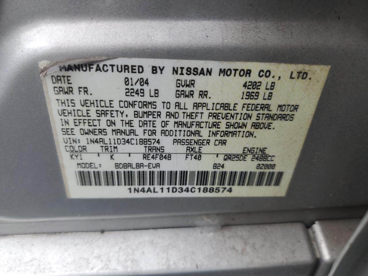 2004 Nissan Altima Base VIN: 1N4AL11D34C188574 Lot: 86604755