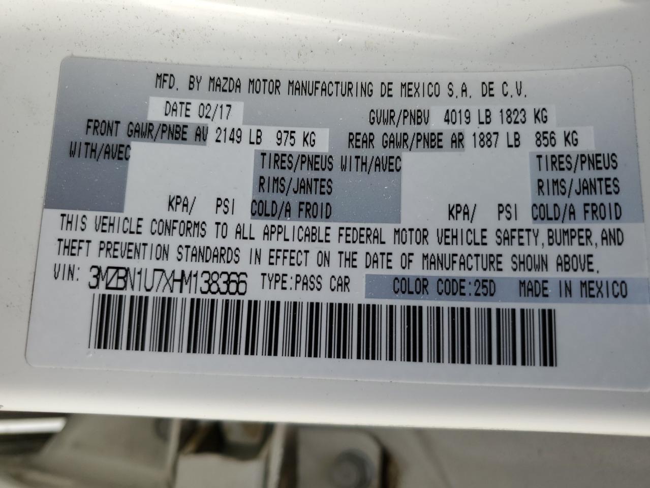 2017 Mazda 3 Sport VIN: 3MZBN1U7XHM138366 Lot: 89722995