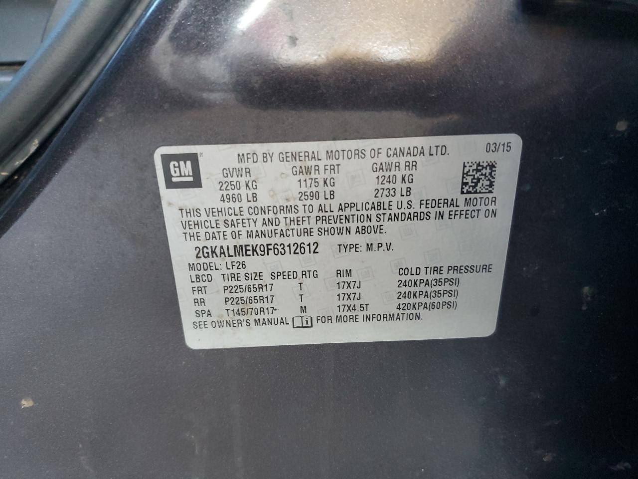 2015 GMC Terrain Sle VIN: 2GKALMEK9F6312612 Lot: 81982115