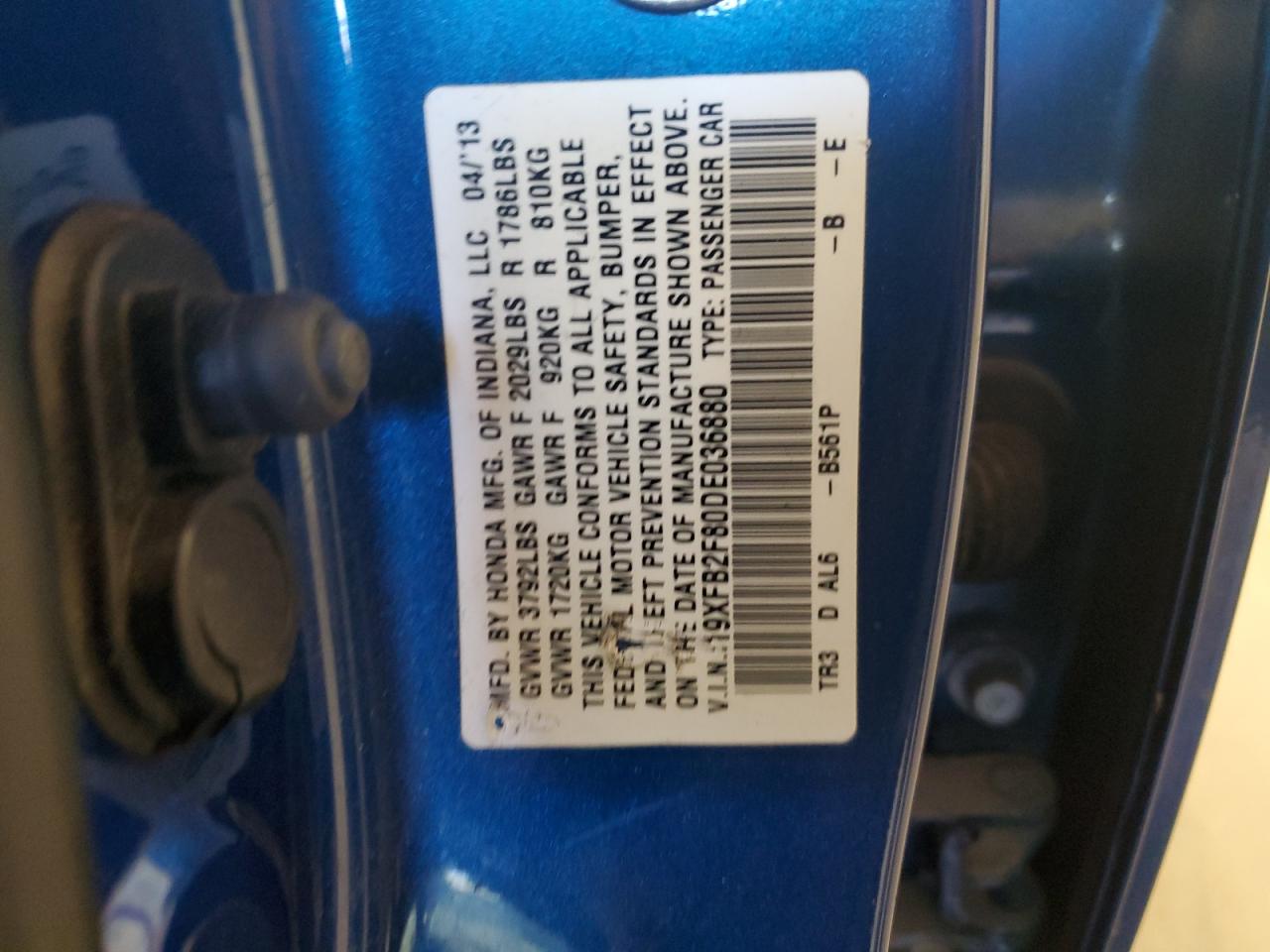 2013 Honda Civic Ex VIN: 19XFB2F80DE036880 Lot: 82200105