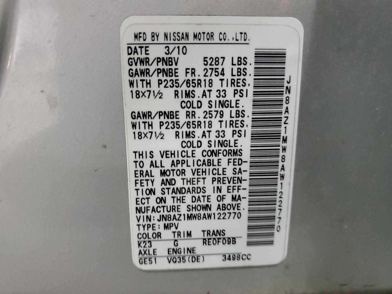 2010 Nissan Murano S VIN: JN8AZ1MW8AW122770 Lot: 86151485