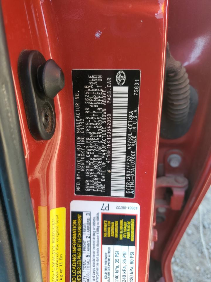 2012 Toyota Camry Base VIN: 4T1BF1FK1CU542058 Lot: 84920385