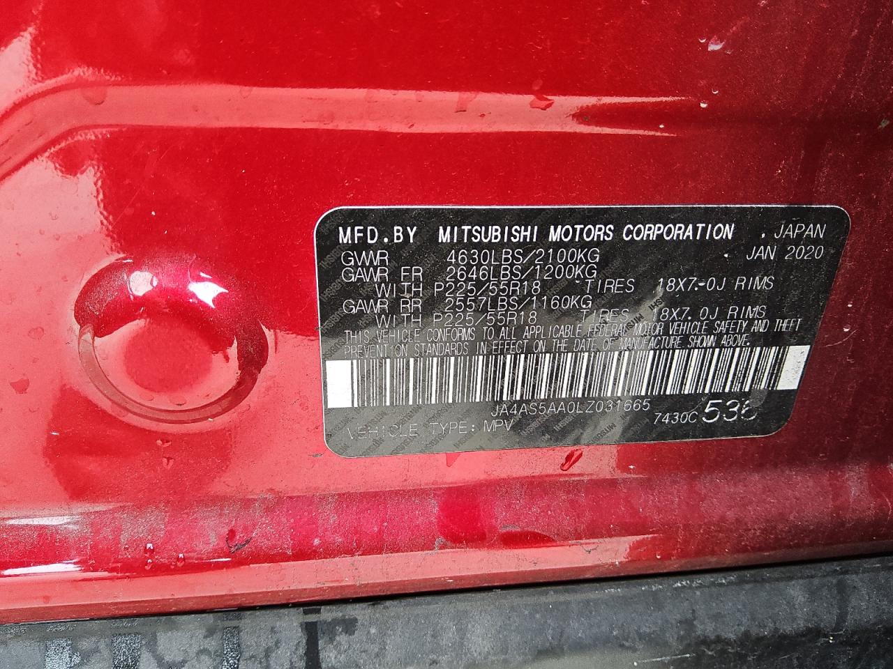 2020 Mitsubishi Eclipse Cross VIN: JA4AS5AA0LZ031665 Lot: 90080685