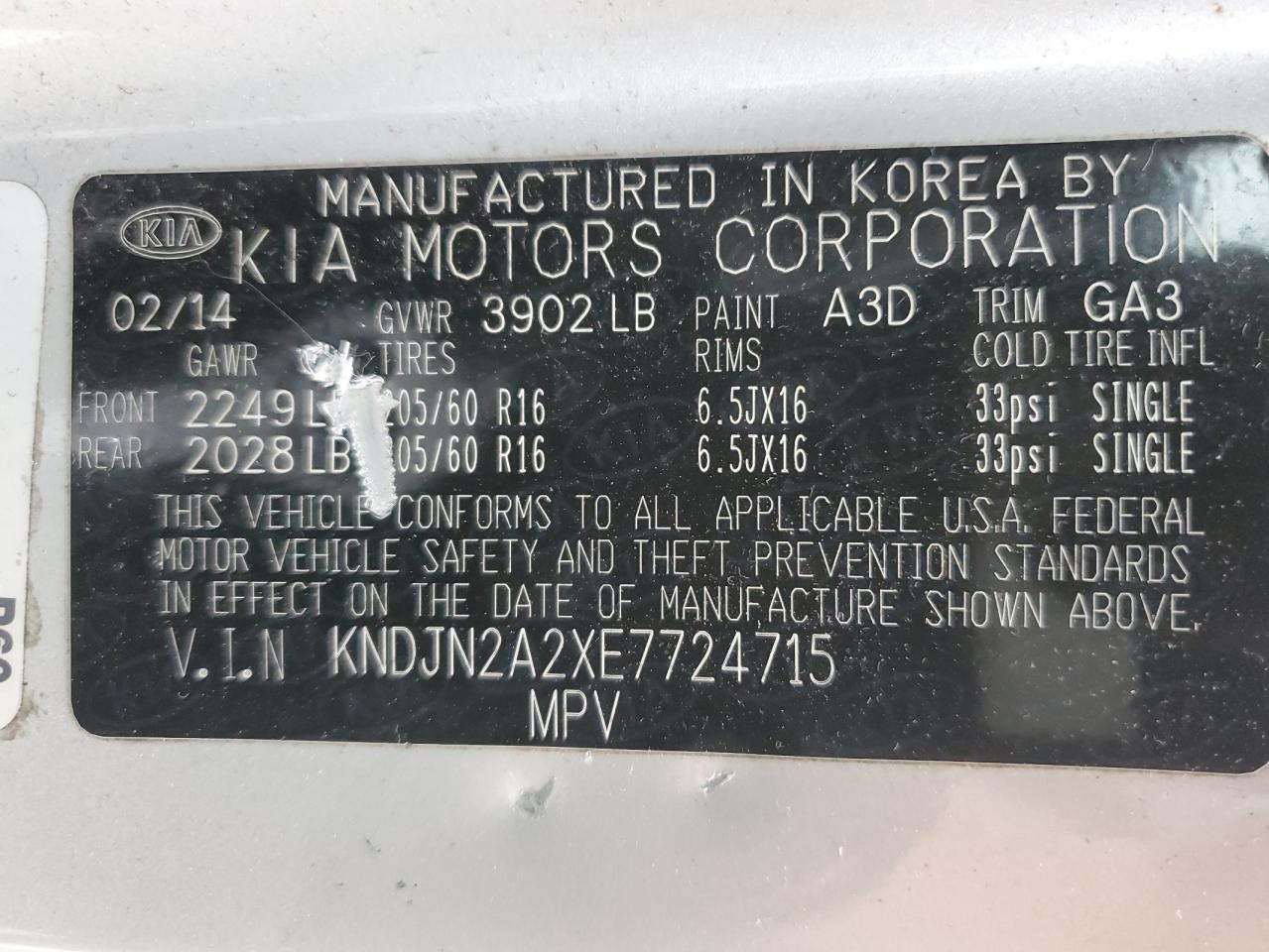 2014 Kia Soul VIN: KNDJN2A2XE7724715 Lot: 85549865