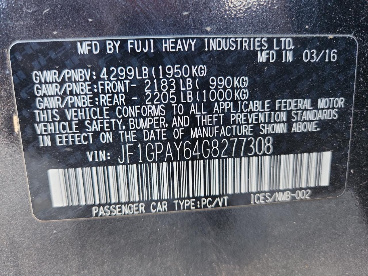 2016 Subaru Impreza Sport Limited VIN: JF1GPAY64G8277308 Lot: 85107465