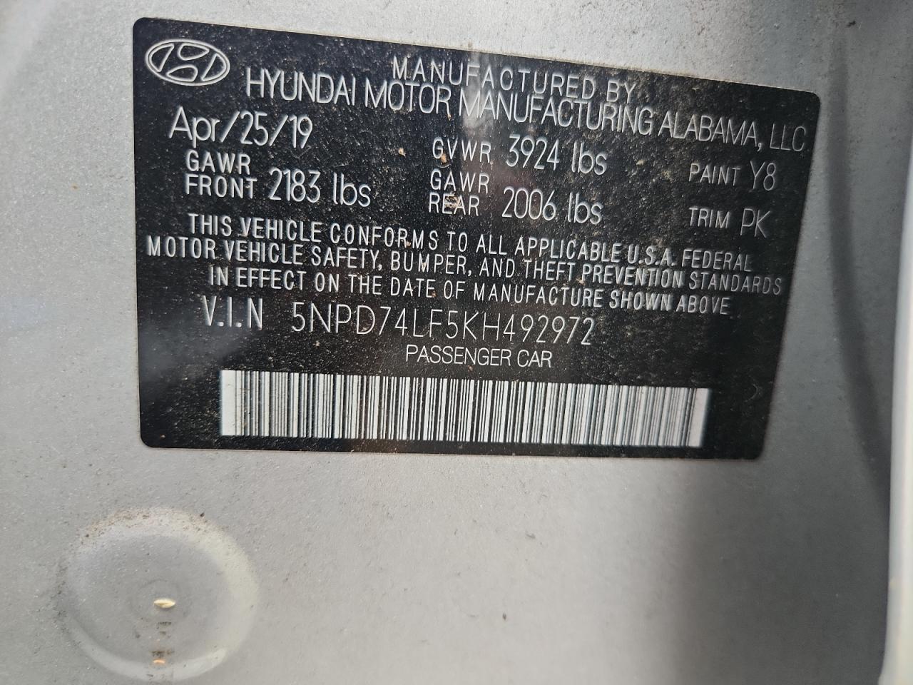 2019 Hyundai Elantra Se VIN: 5NPD74LF5KH492972 Lot: 85299975