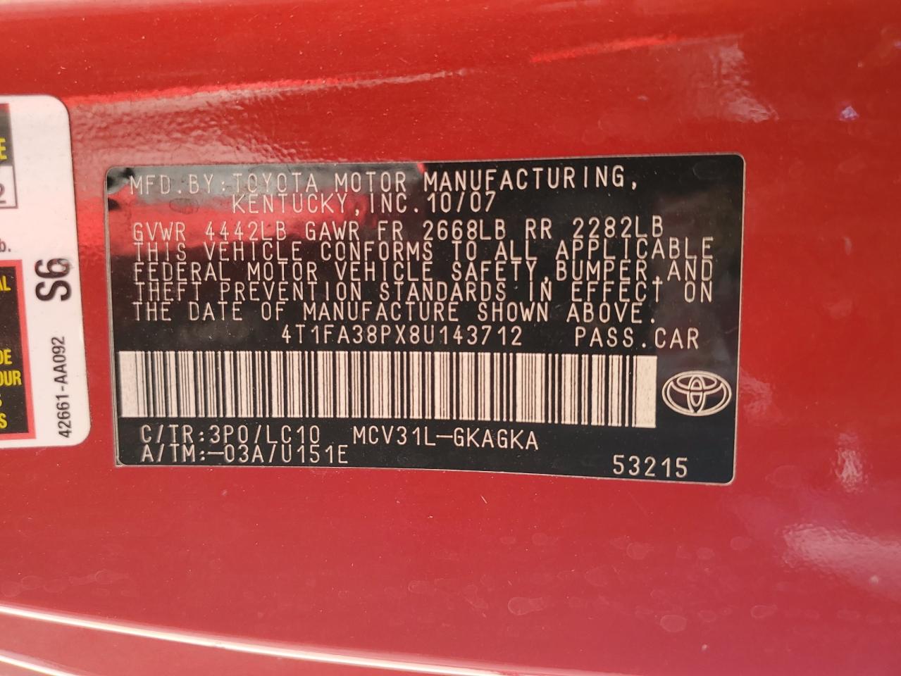 2008 Toyota Camry Solara Se VIN: 4T1FA38PX8U143712 Lot: 82213995