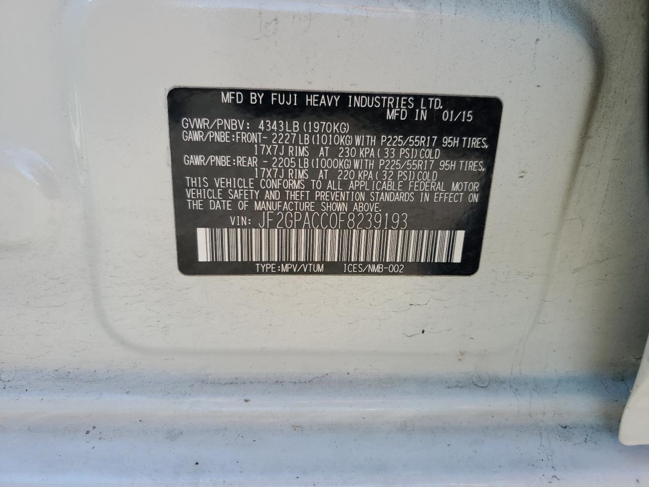 2015 Subaru Xv Crosstrek 2.0 Premium VIN: JF2GPACC0F8239193 Lot: 82319365