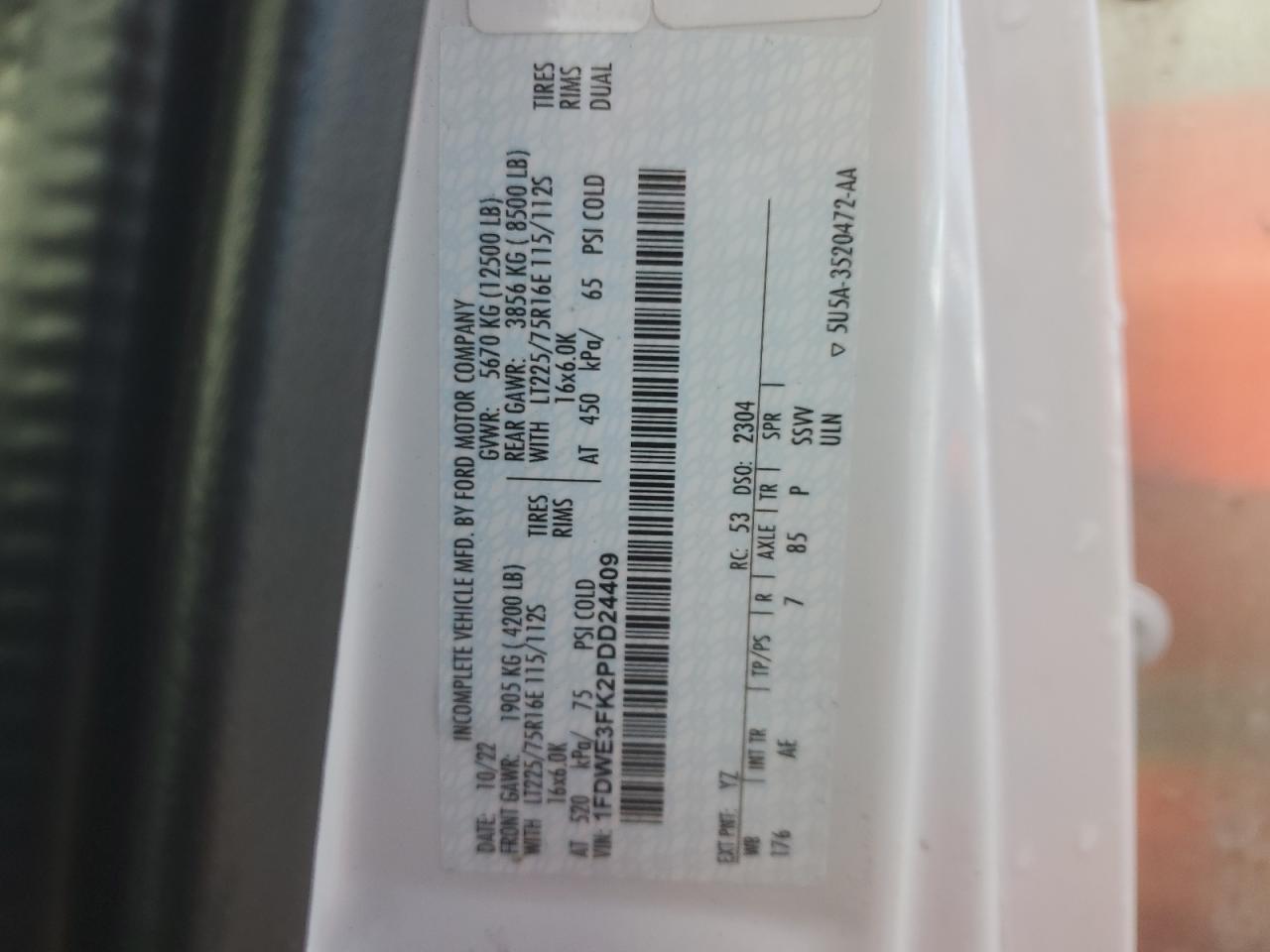 2023 Ford Econoline E350 Super Duty Cutaway Van VIN: 1FDWE3FK2PDD24409 Lot: 85598205