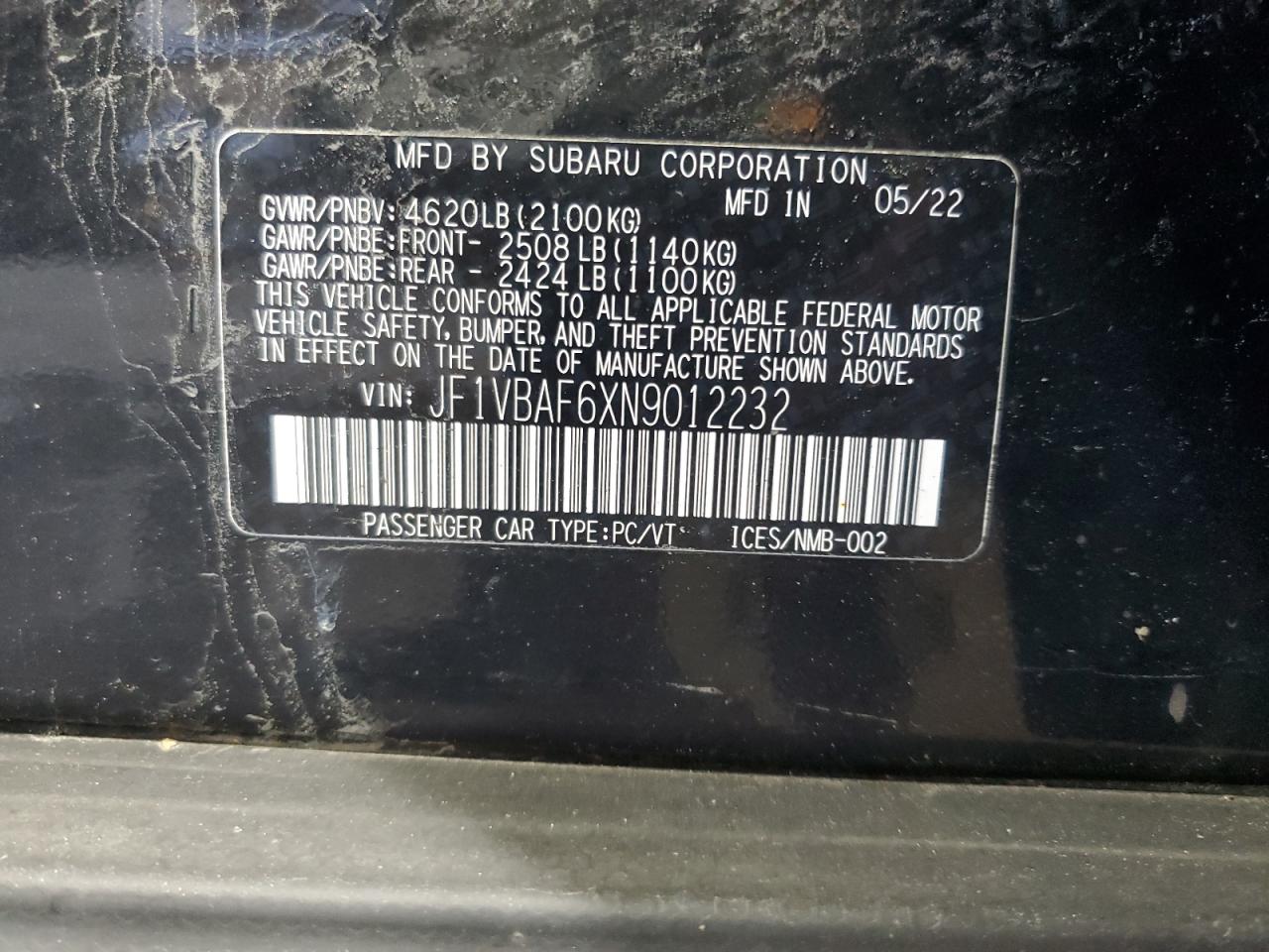 2022 Subaru Wrx Premium VIN: JF1VBAF6XN9012232 Lot: 84983965