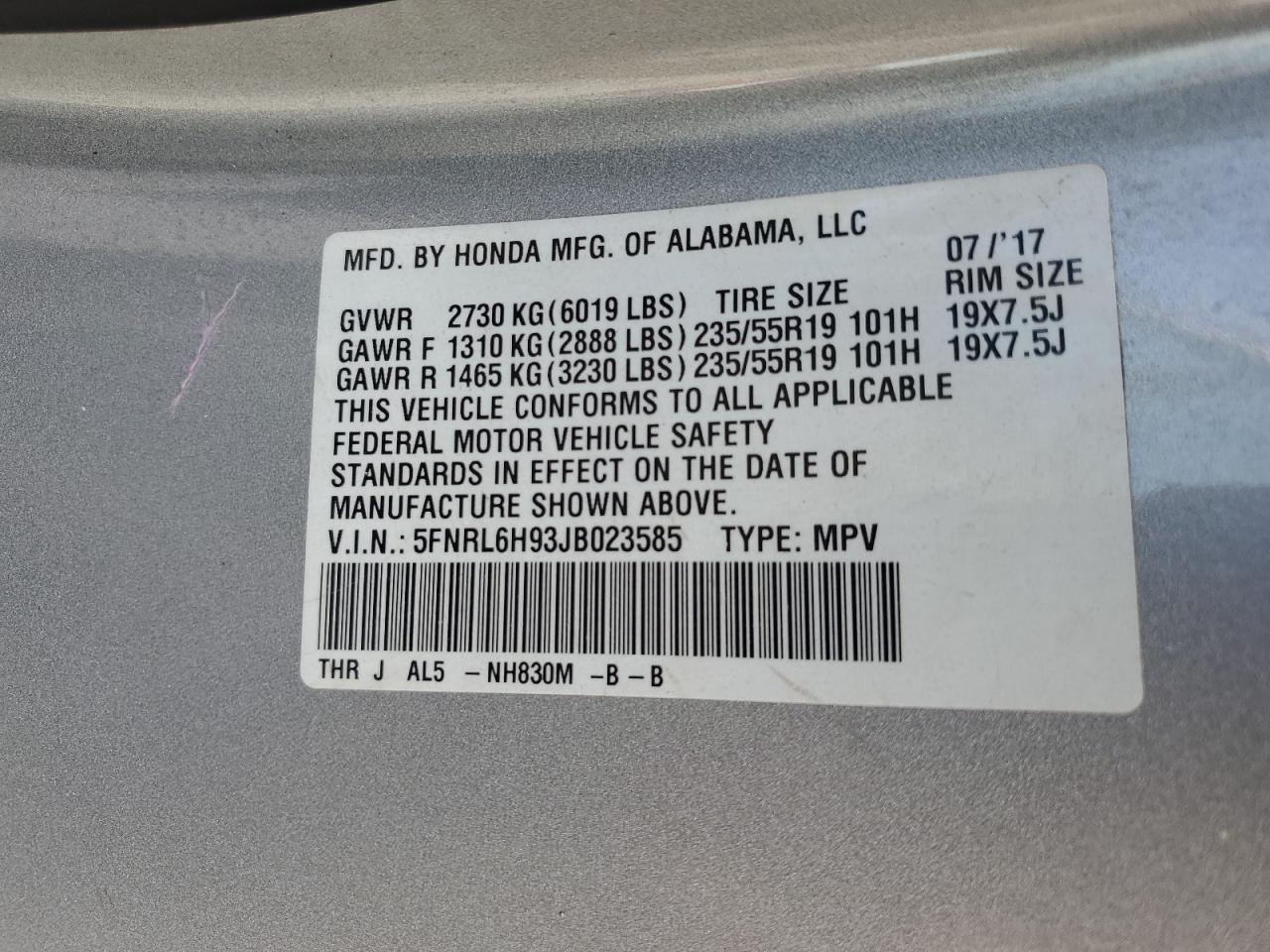 2018 Honda Odyssey Elite VIN: 5FNRL6H93JB023585 Lot: 84923065