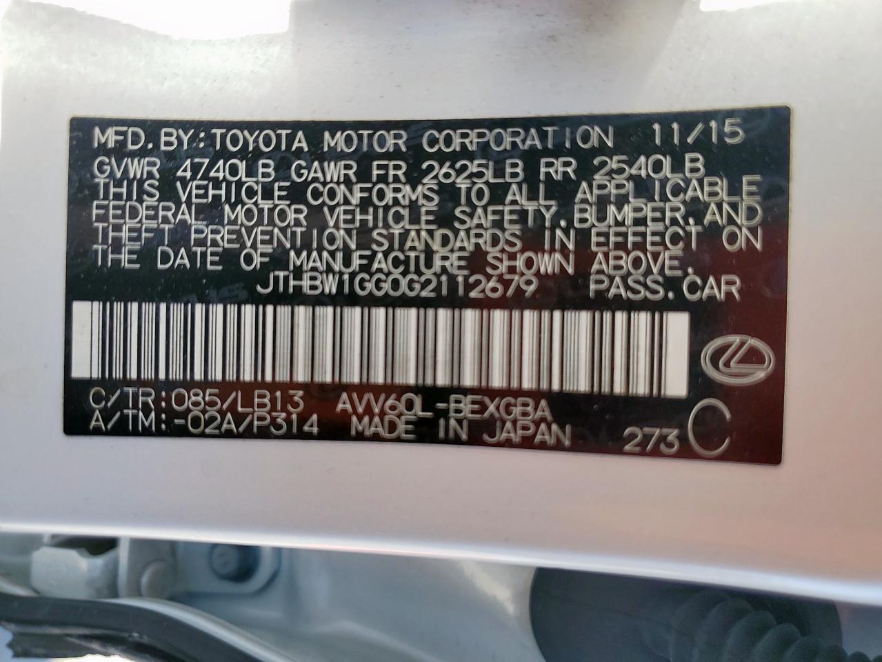 2016 Lexus Es 300H VIN: JTHBW1GG0G2112679 Lot: 85936105