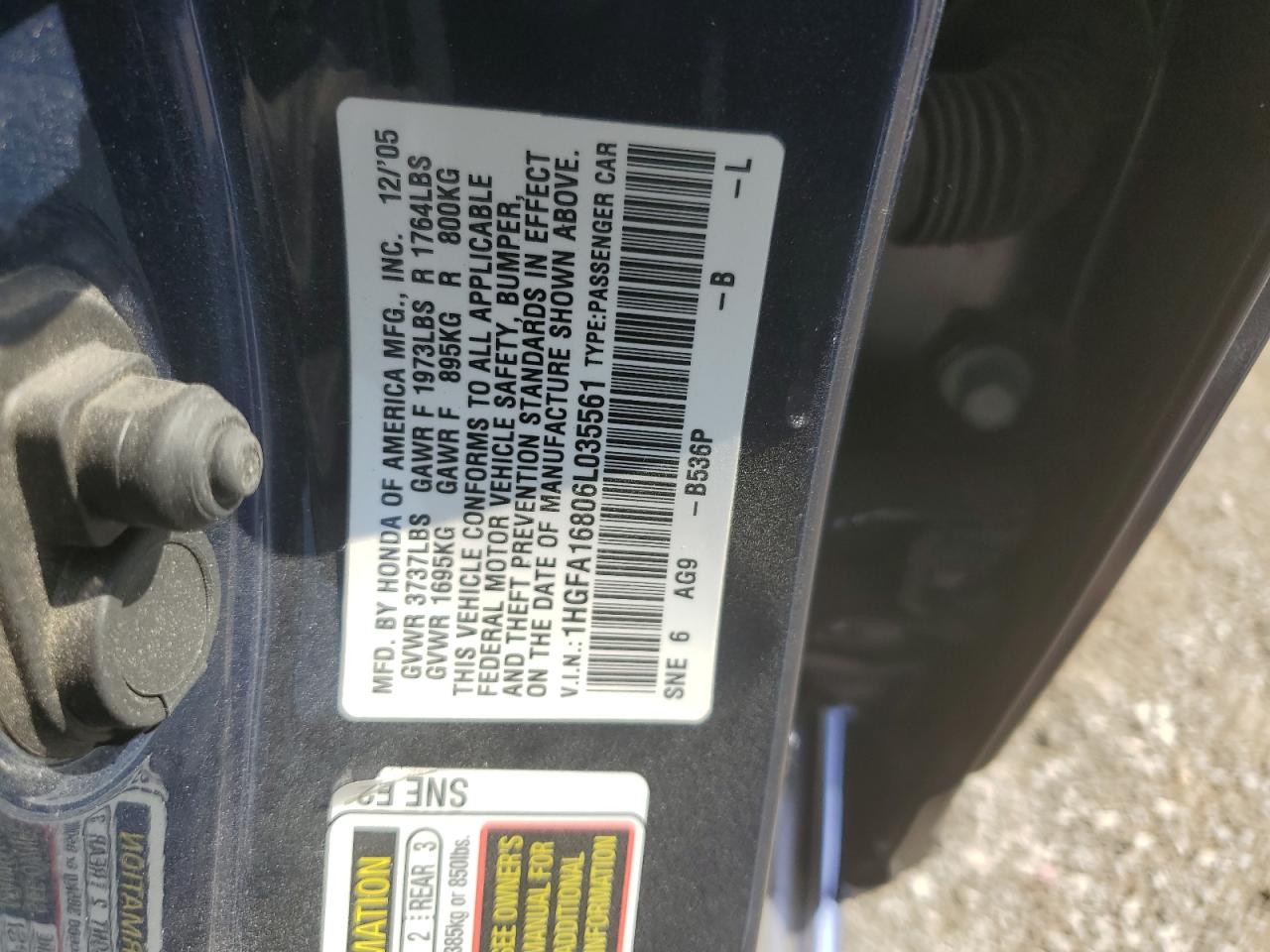 2006 Honda Civic Ex VIN: 1HGFA16806L035561 Lot: 84608165