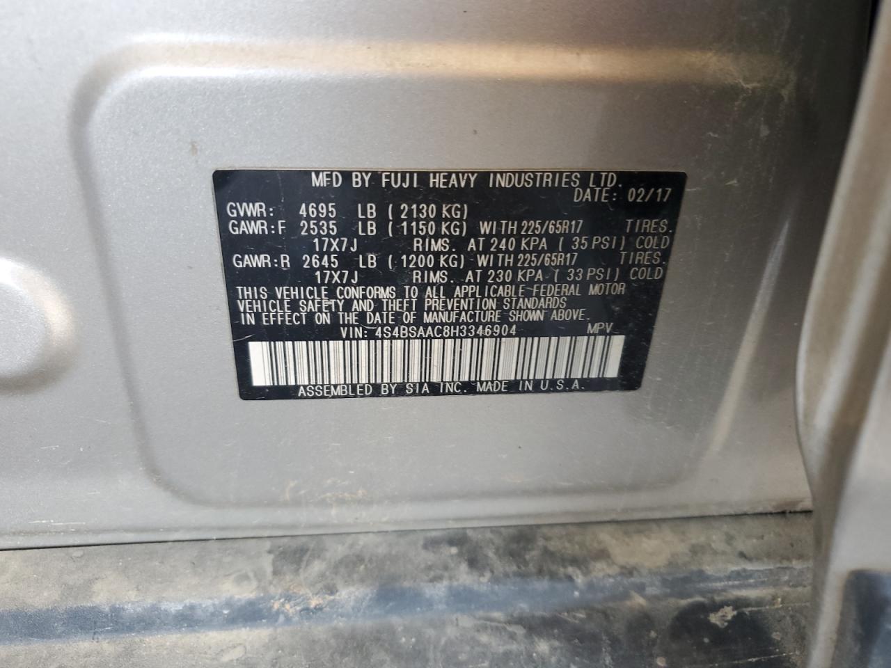 2017 Subaru Outback 2.5I VIN: 4S4BSAAC8H3346904 Lot: 86172045