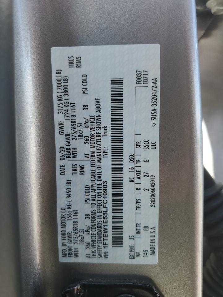 2020 Ford F150 Supercrew VIN: 1FTEW1E55LFC10903 Lot: 85278495