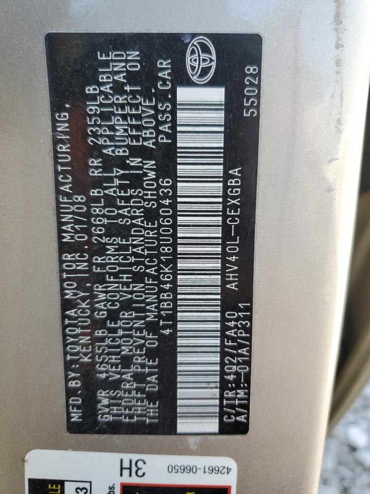 2008 Toyota Camry Hybrid VIN: 4T1BB46K18U060436 Lot: 82003185