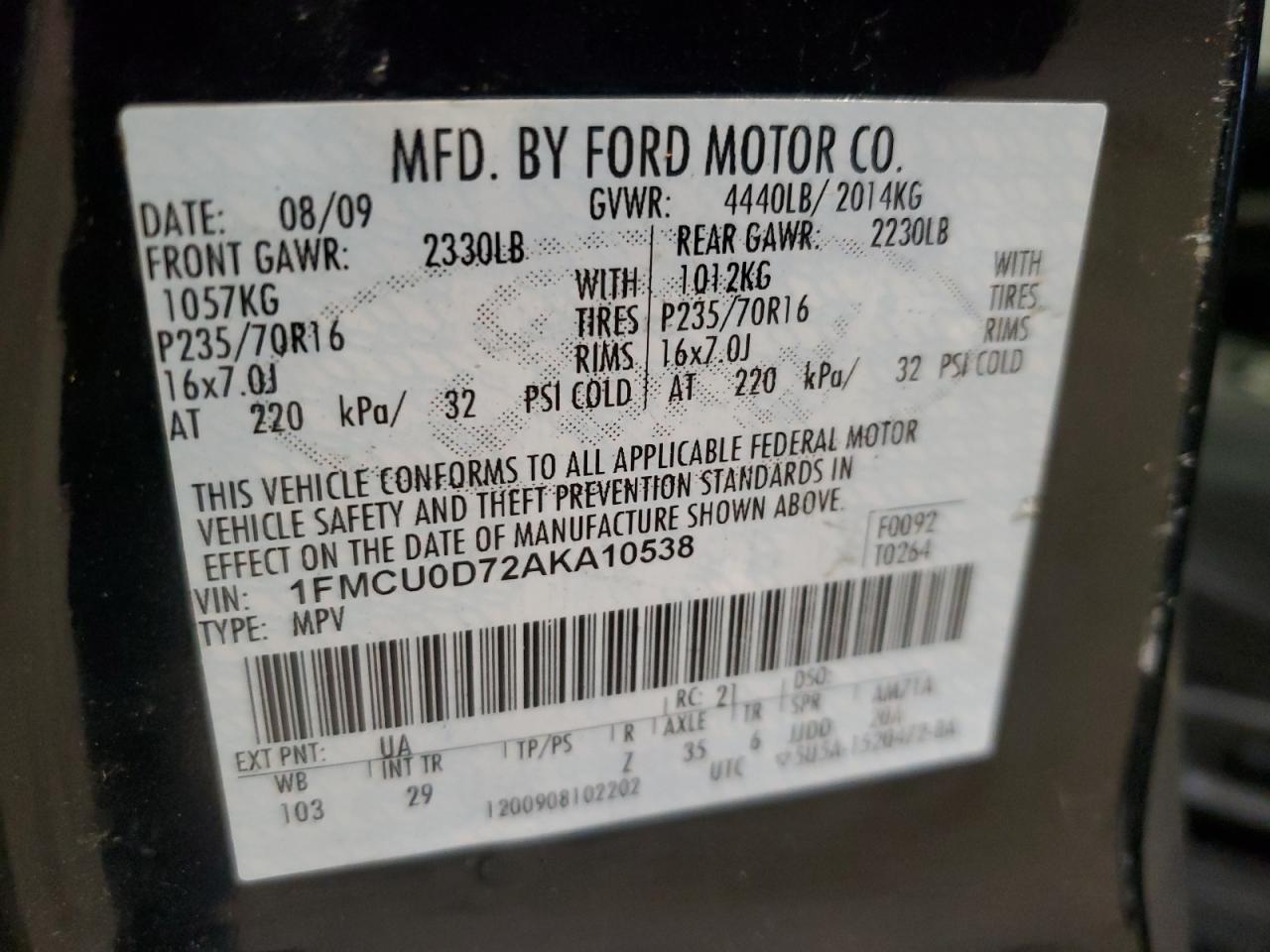 2010 Ford Escape Xlt VIN: 1FMCU0D72AKA10538 Lot: 82406825