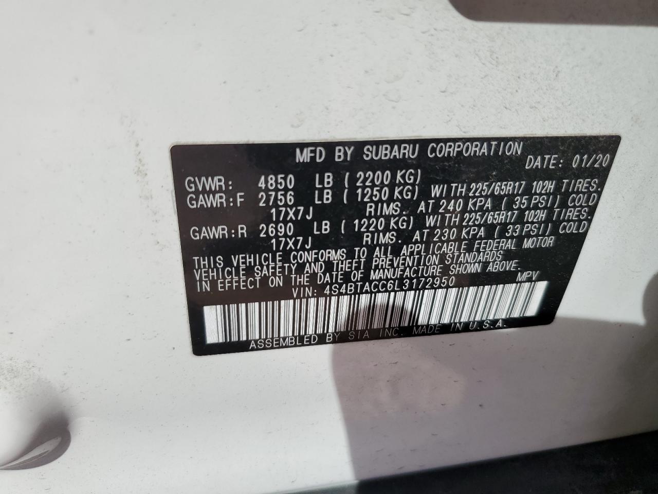 2020 Subaru Outback Premium VIN: 4S4BTACC6L3172950 Lot: 85525695