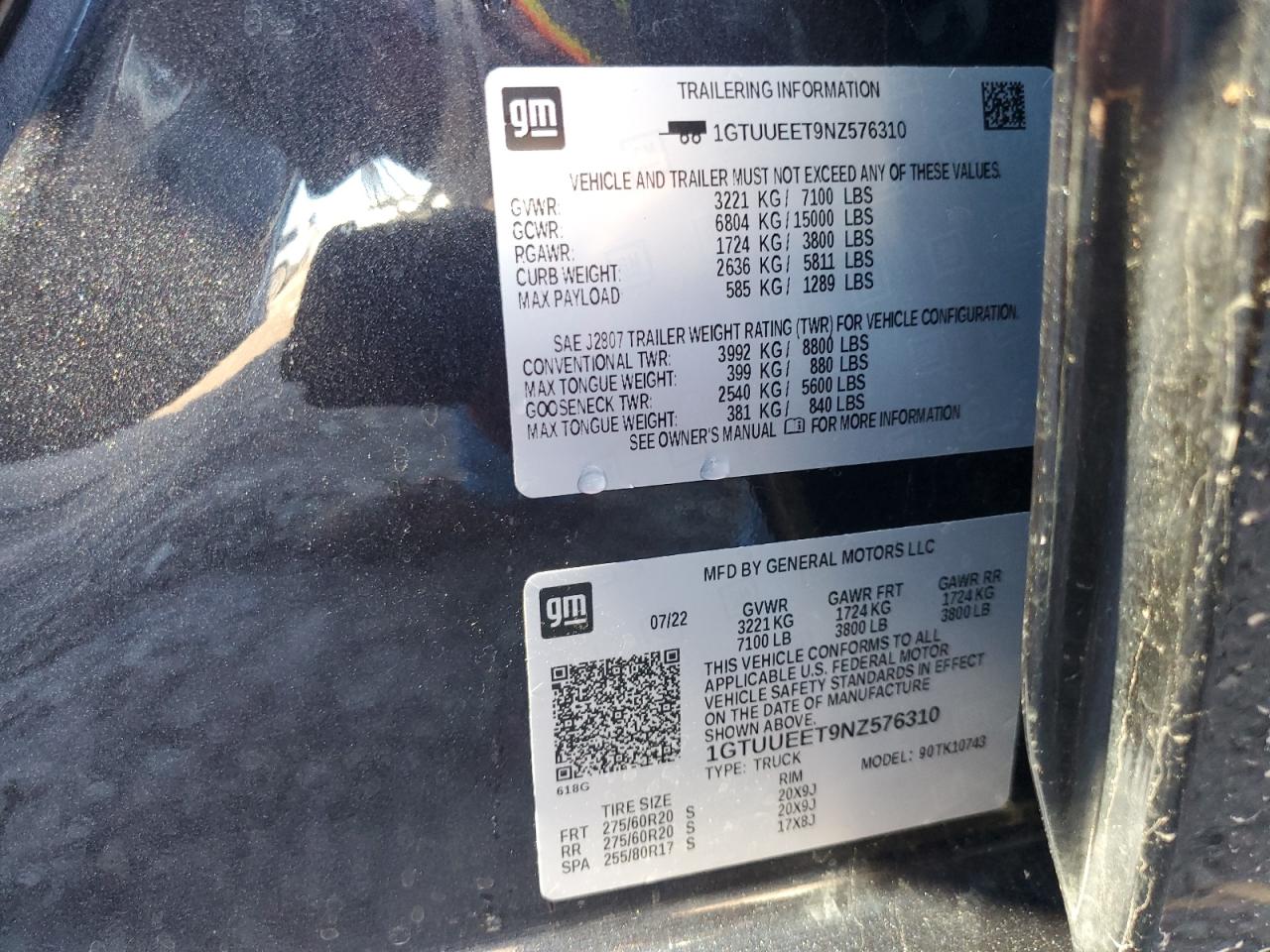 2022 GMC Sierra K1500 At4 VIN: 1GTUUEET9NZ576310 Lot: 89565345