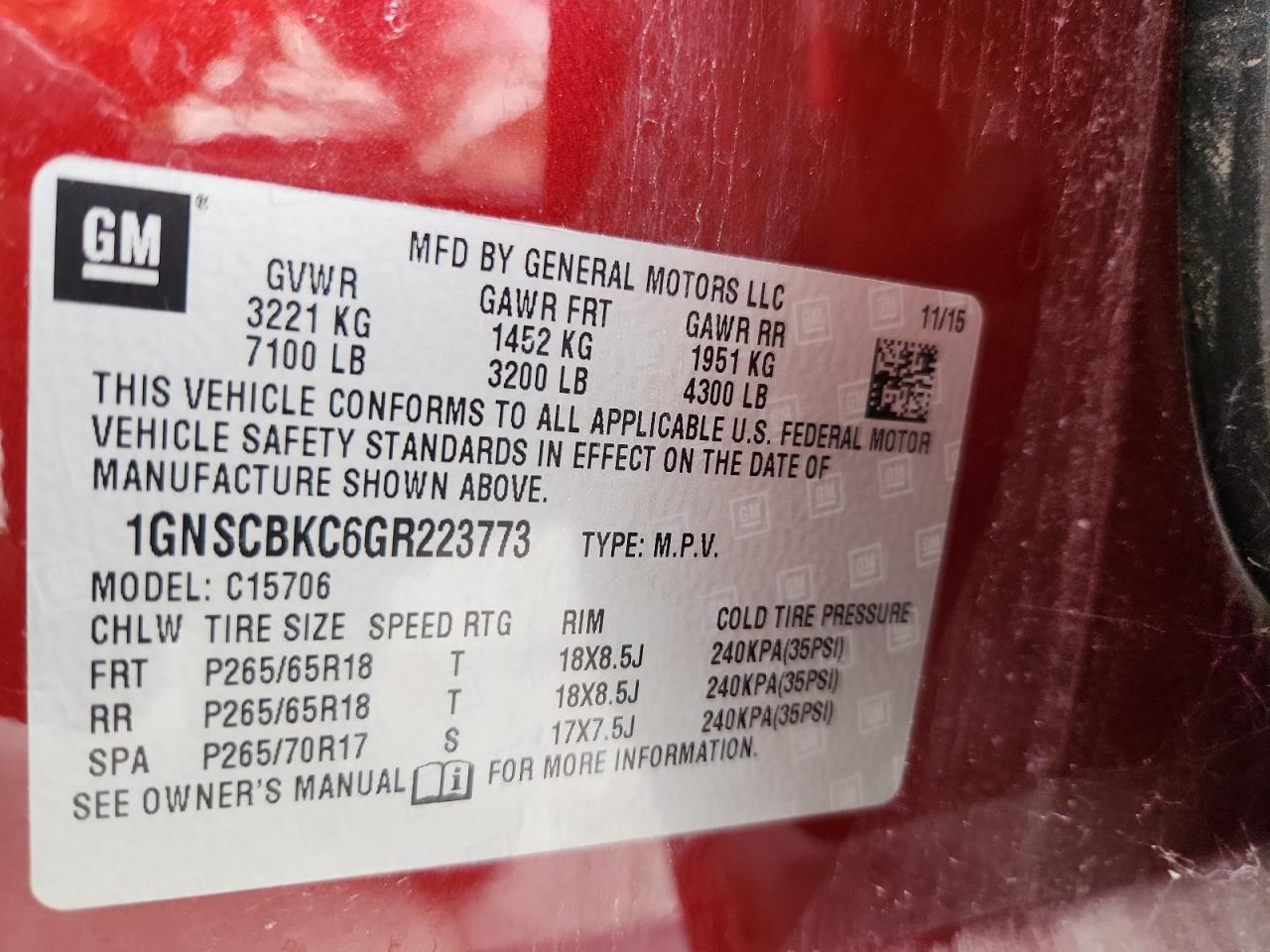 2016 Chevrolet Tahoe C1500 Lt VIN: 1GNSCBKC6GR223773 Lot: 89494515