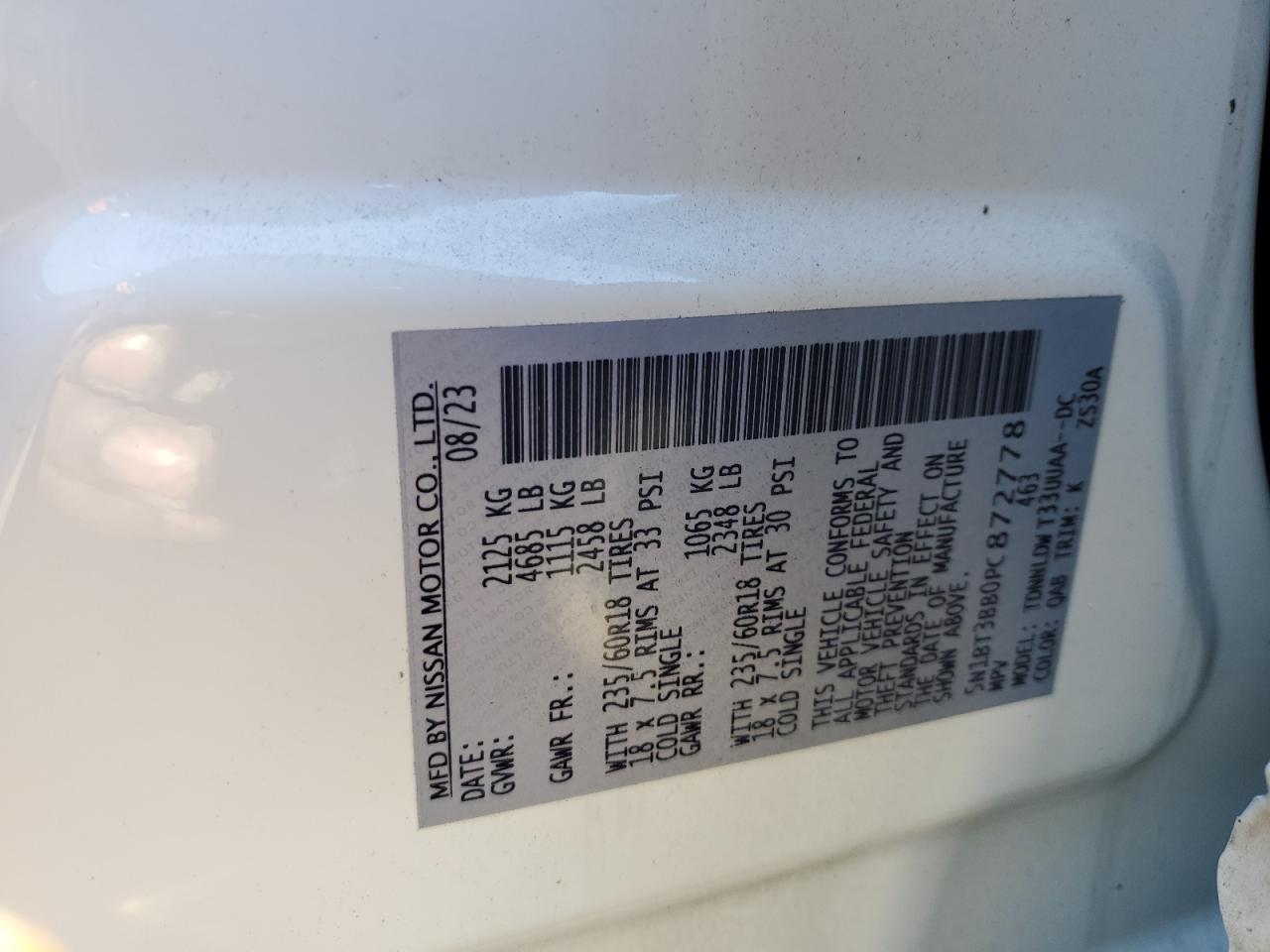 2023 Nissan Rogue Sv VIN: 5N1BT3BB0PC872778 Lot: 86211965