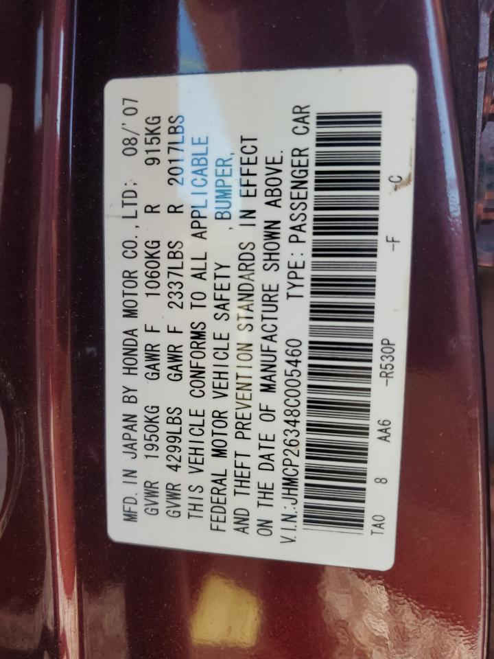 2008 Honda Accord Lx VIN: JHMCP26348C005460 Lot: 85712045