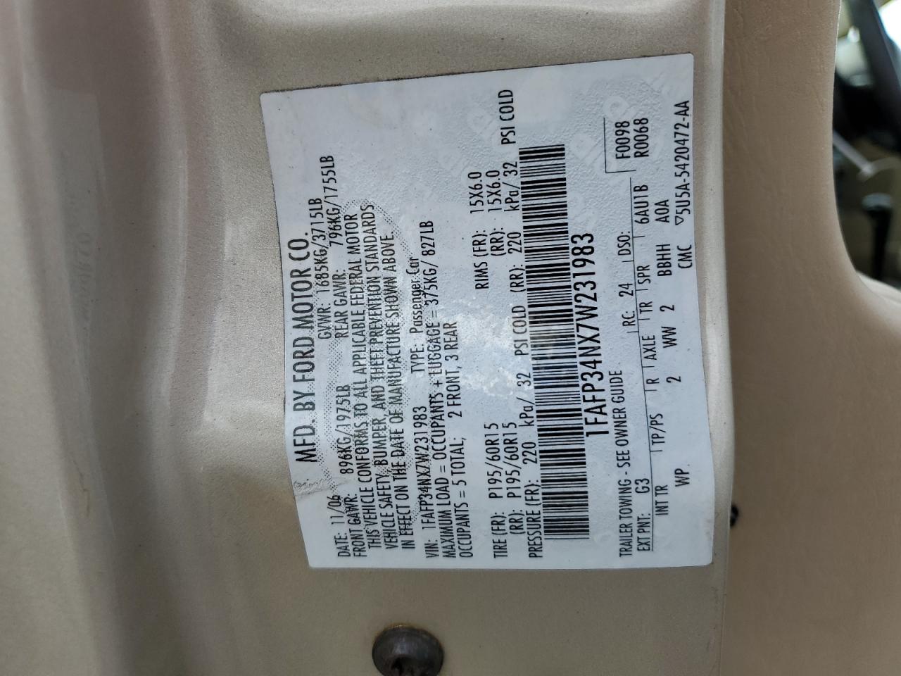 2007 Ford Focus Zx4 VIN: 1FAFP34NX7W231983 Lot: 81908535