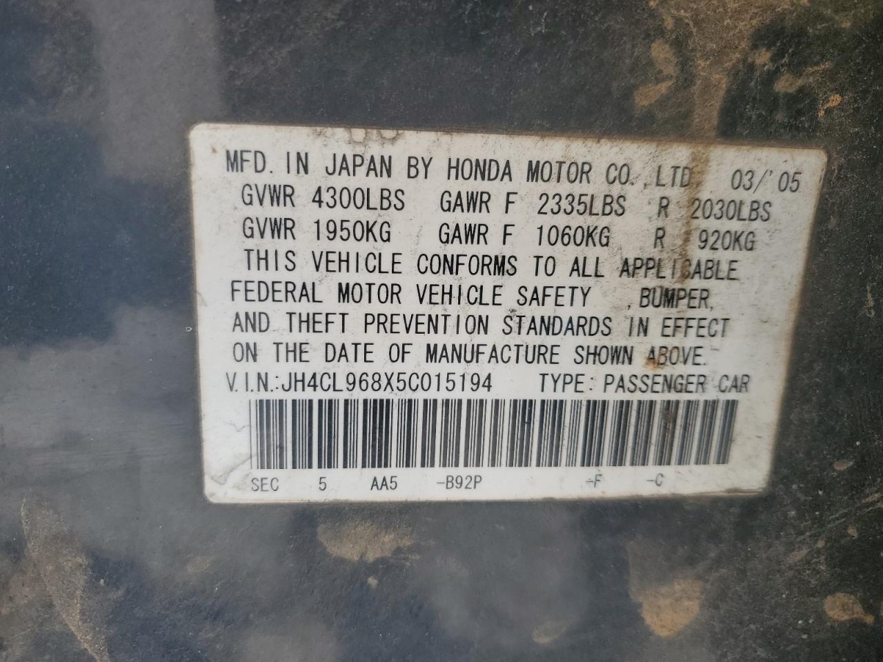 2005 Acura Tsx VIN: JH4CL968X5C015194 Lot: 87313635