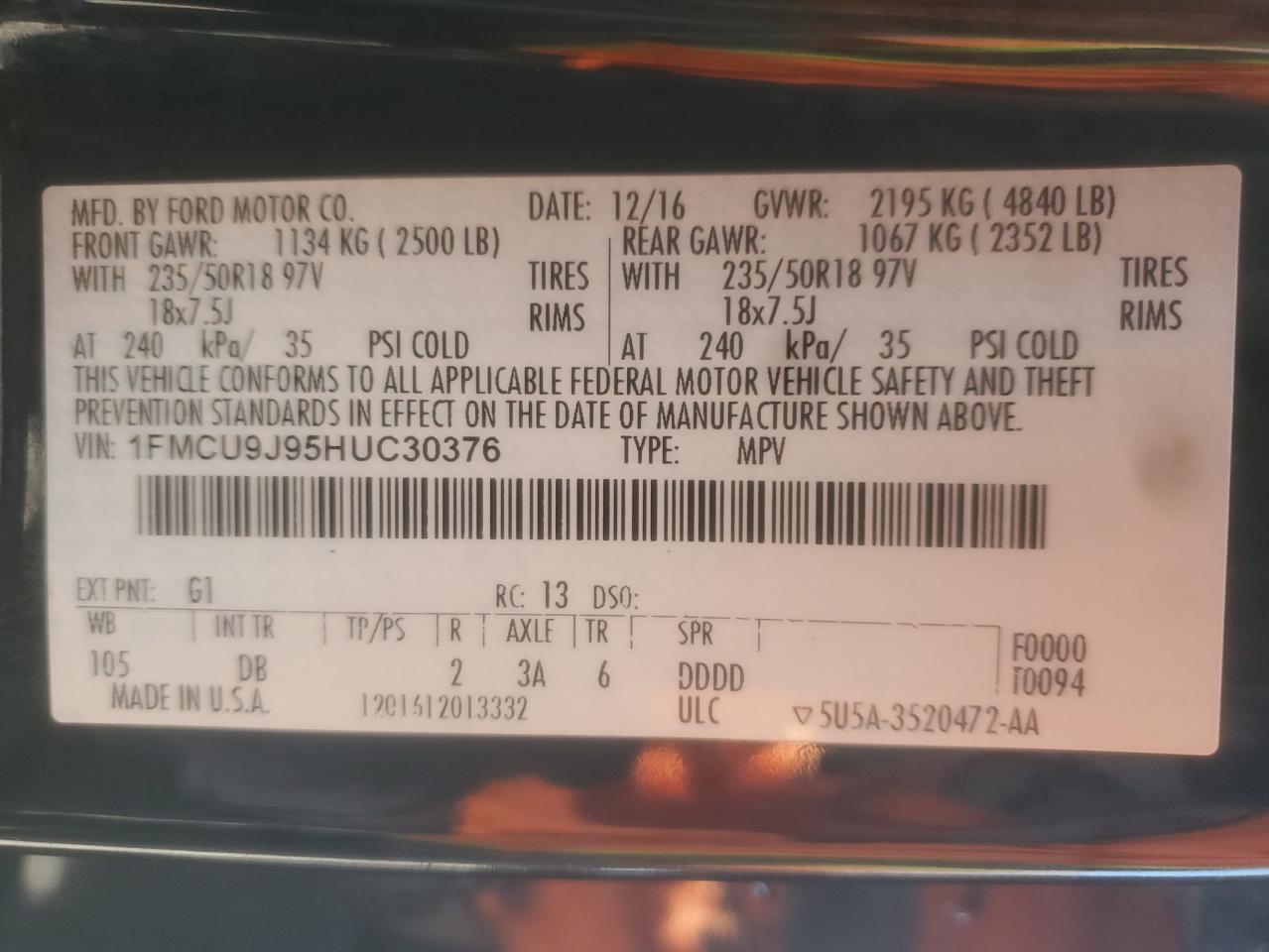 2017 Ford Escape Titanium VIN: 1FMCU9J95HUC30376 Lot: 82453515