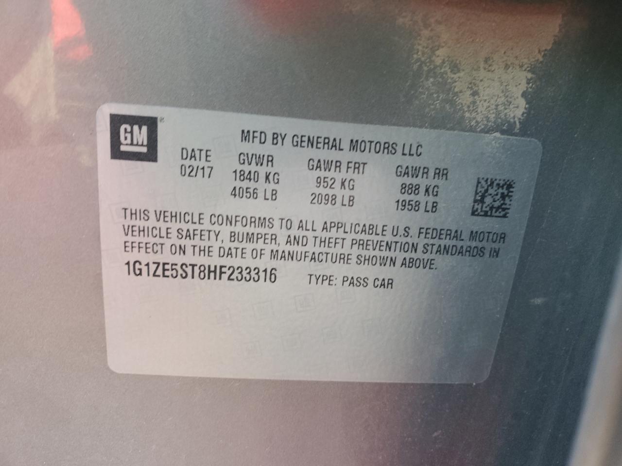 2017 Chevrolet Malibu Lt VIN: 1G1ZE5ST8HF233316 Lot: 84606255