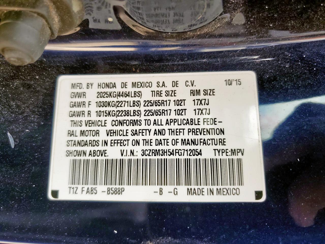 2015 Honda Cr-V Ex VIN: 3CZRM3H54FG712054 Lot: 84521125
