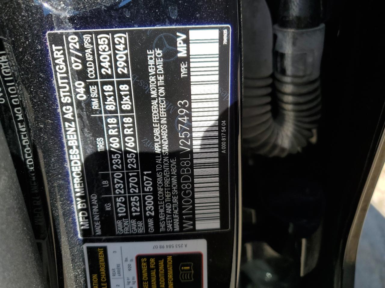 2020 Mercedes-Benz Glc 300 VIN: W1N0G8DB8LV257493 Lot: 86250635