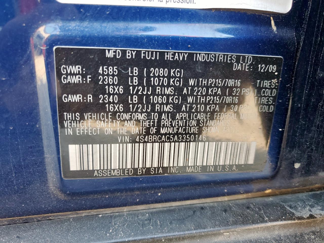 2010 Subaru Outback 2.5I VIN: 4S4BRCAC5A3350146 Lot: 84989005