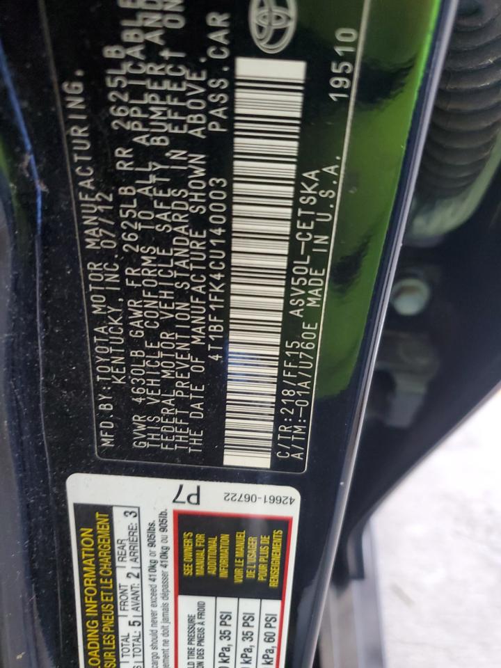 2012 Toyota Camry Base VIN: 4T1BF1FK4CU140003 Lot: 82130225