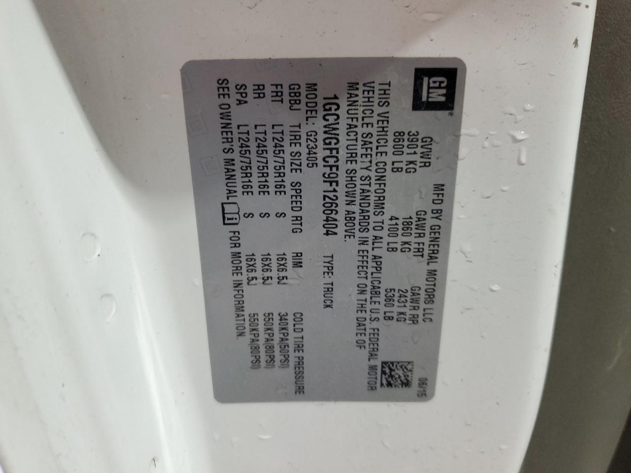 2015 Chevrolet Express G2500 VIN: 1GCWGFCF9F1266404 Lot: 86520925