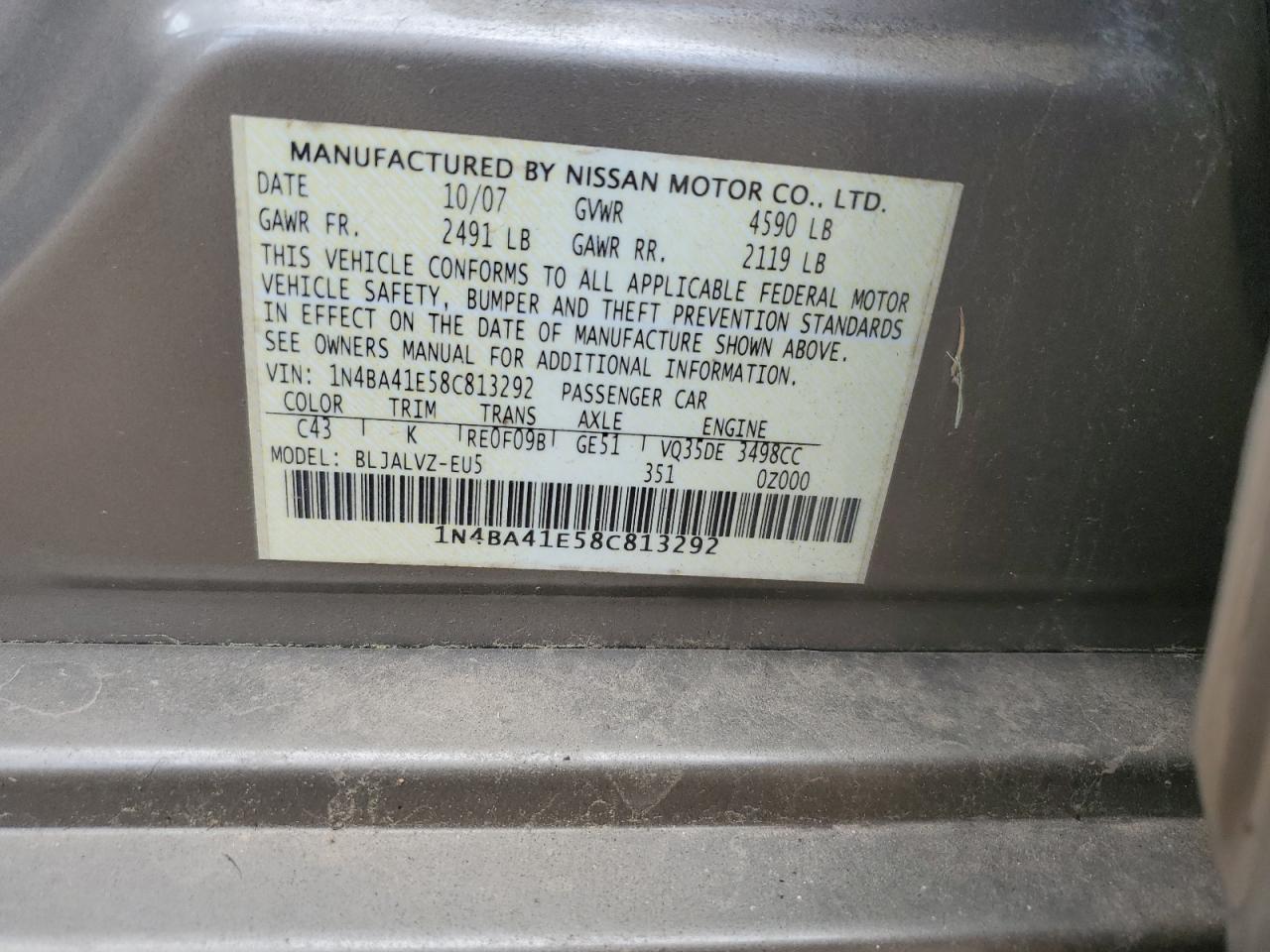 2008 Nissan Maxima Se VIN: 1N4BA41E58C813292 Lot: 82349455