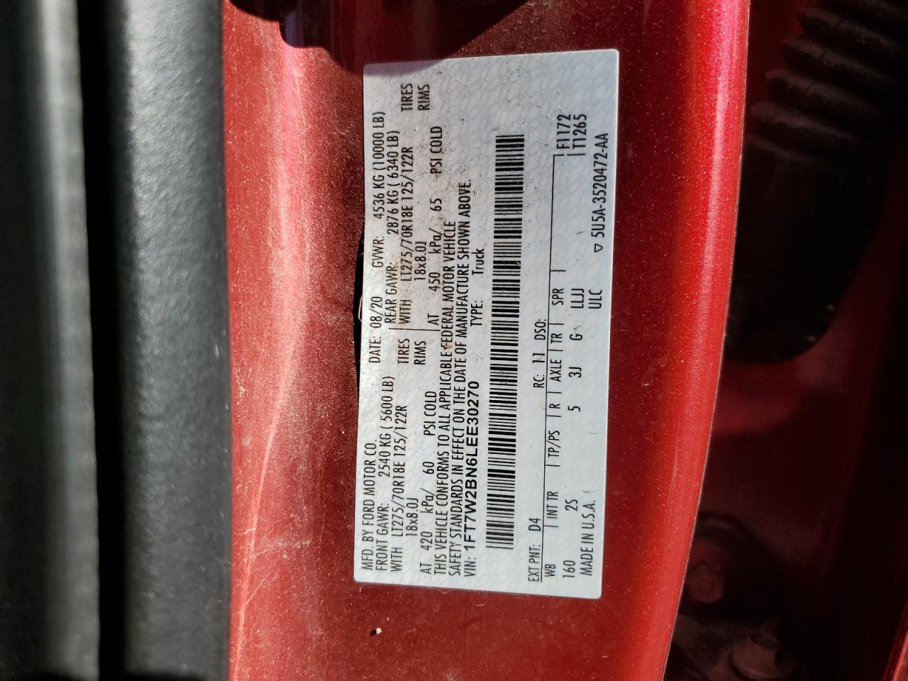 2020 Ford F250 Super Duty VIN: 1FT7W2BN6LEE30270 Lot: 87368895