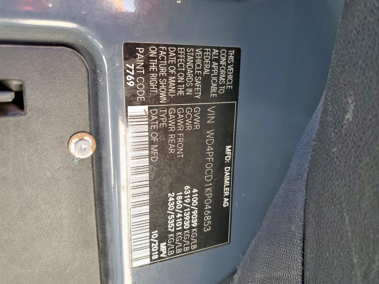 2019 Mercedes-Benz Sprinter 2500/3500 VIN: WD4PF0CD1KP046853 Lot: 85854805