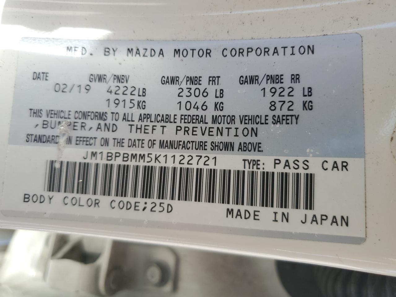 2019 Mazda 3 Preferred VIN: JM1BPBMM5K1122721 Lot: 89669415