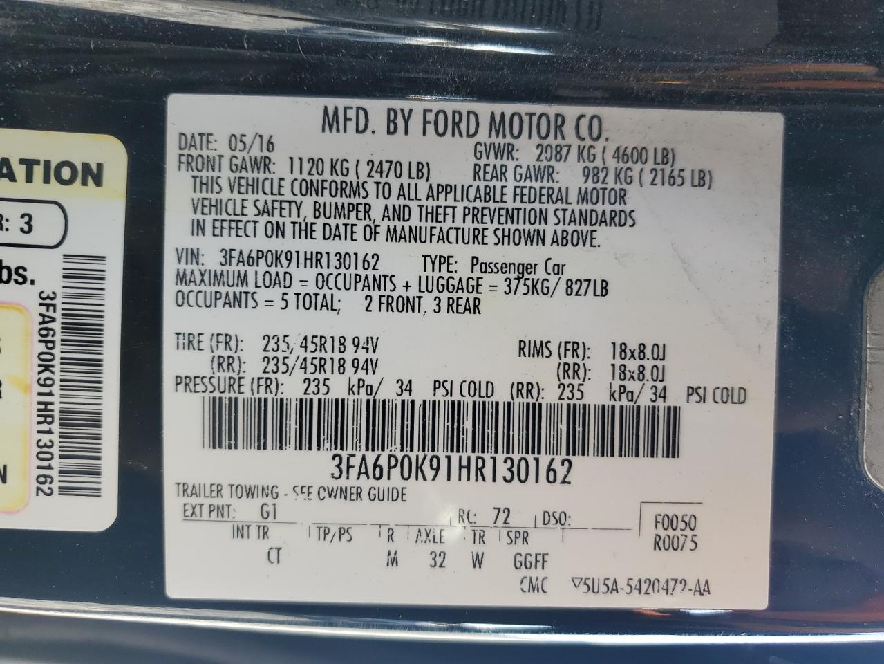 2017 Ford Fusion Titanium VIN: 3FA6P0K91HR130162 Lot: 90407965