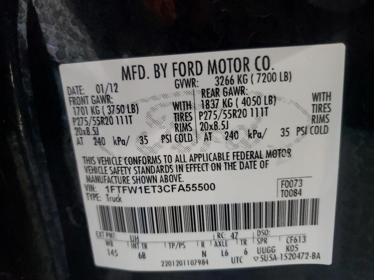 2012 Ford F150 Supercrew VIN: 1FTFW1ET3CFA55500 Lot: 89455935