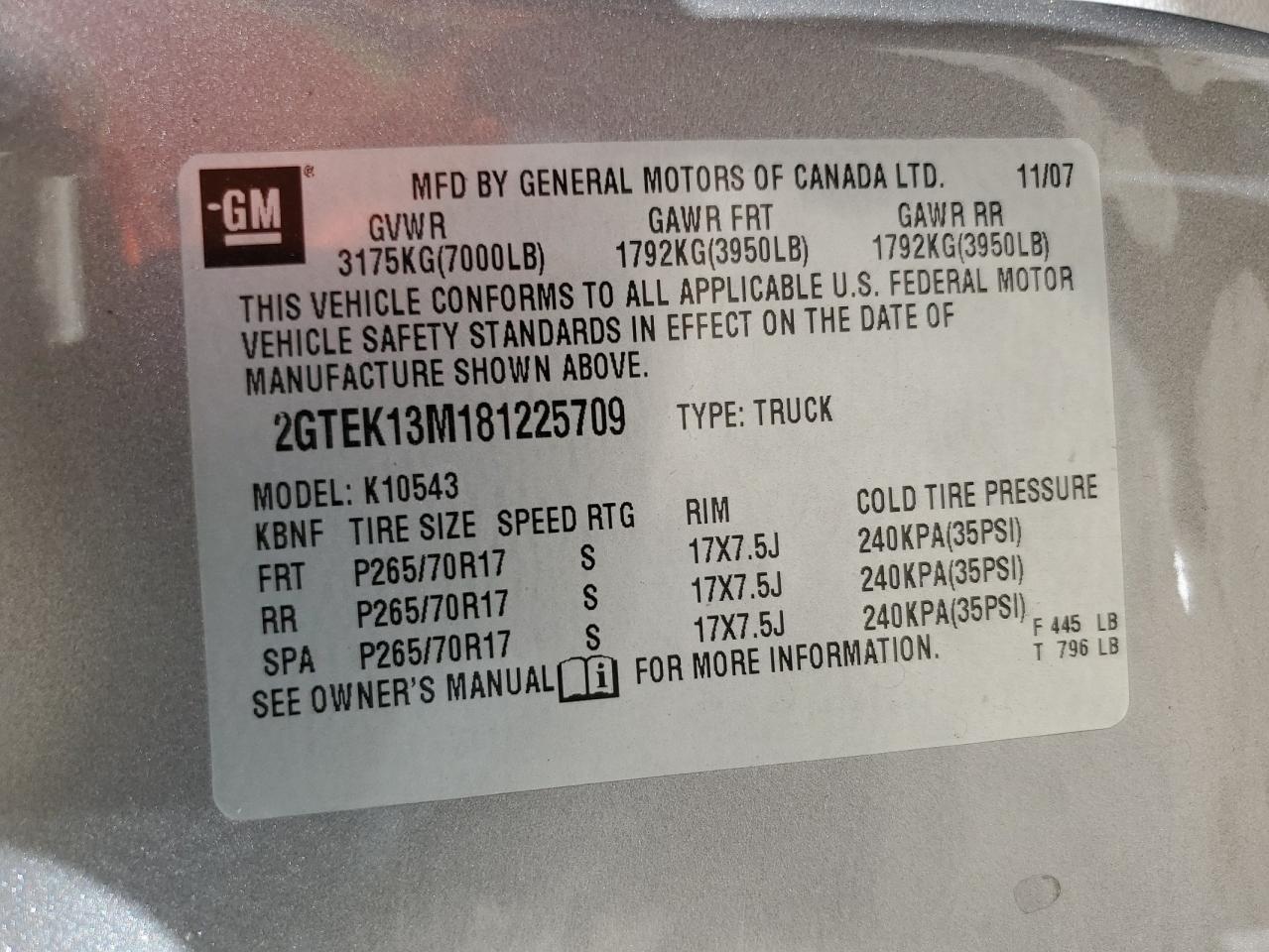 2008 GMC Sierra K1500 VIN: 2GTEK13M181225709 Lot: 84014465