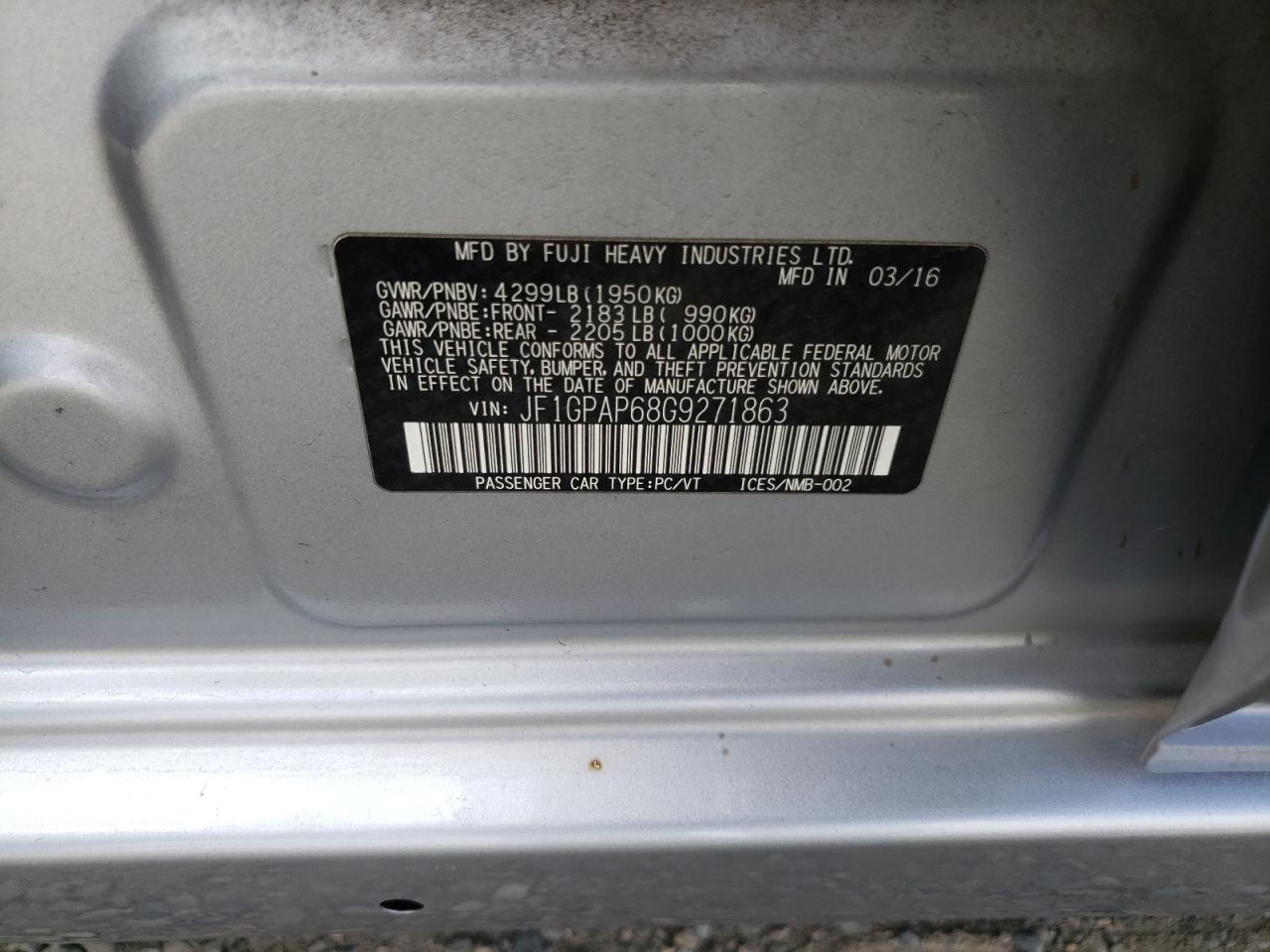 2016 Subaru Impreza Sport Premium VIN: JF1GPAP68G9271863 Lot: 81458655