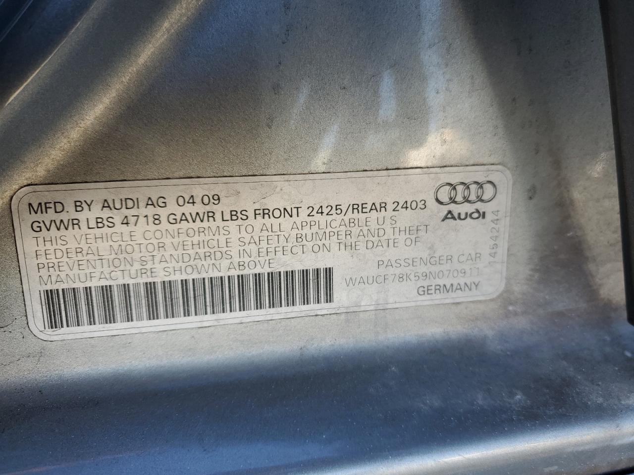 2009 Audi A4 Premium VIN: WAUCF78K59N070911 Lot: 82567855