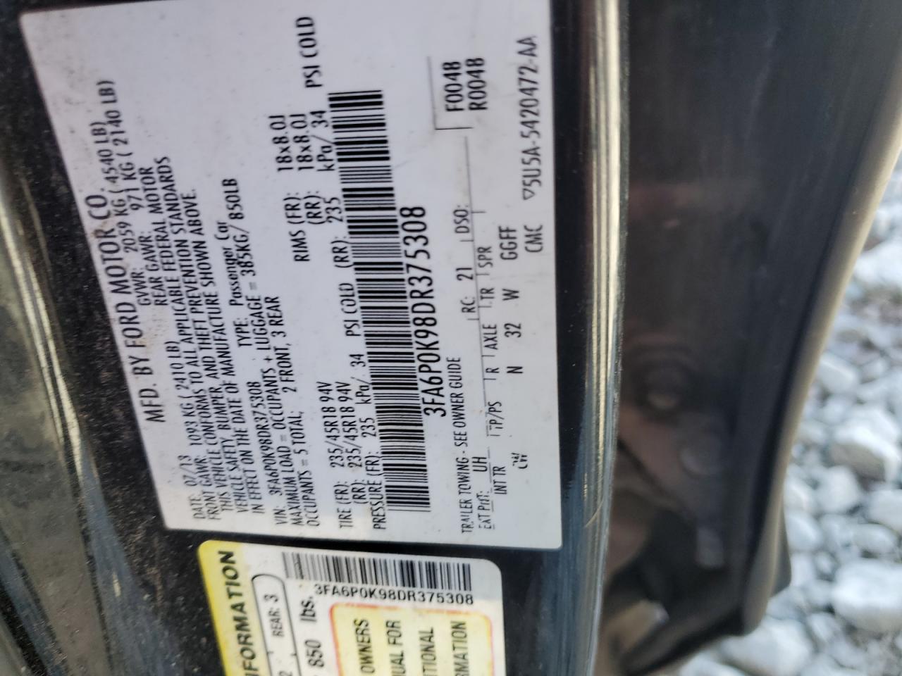 2013 Ford Fusion Titanium VIN: 3FA6P0K98DR375308 Lot: 81959885