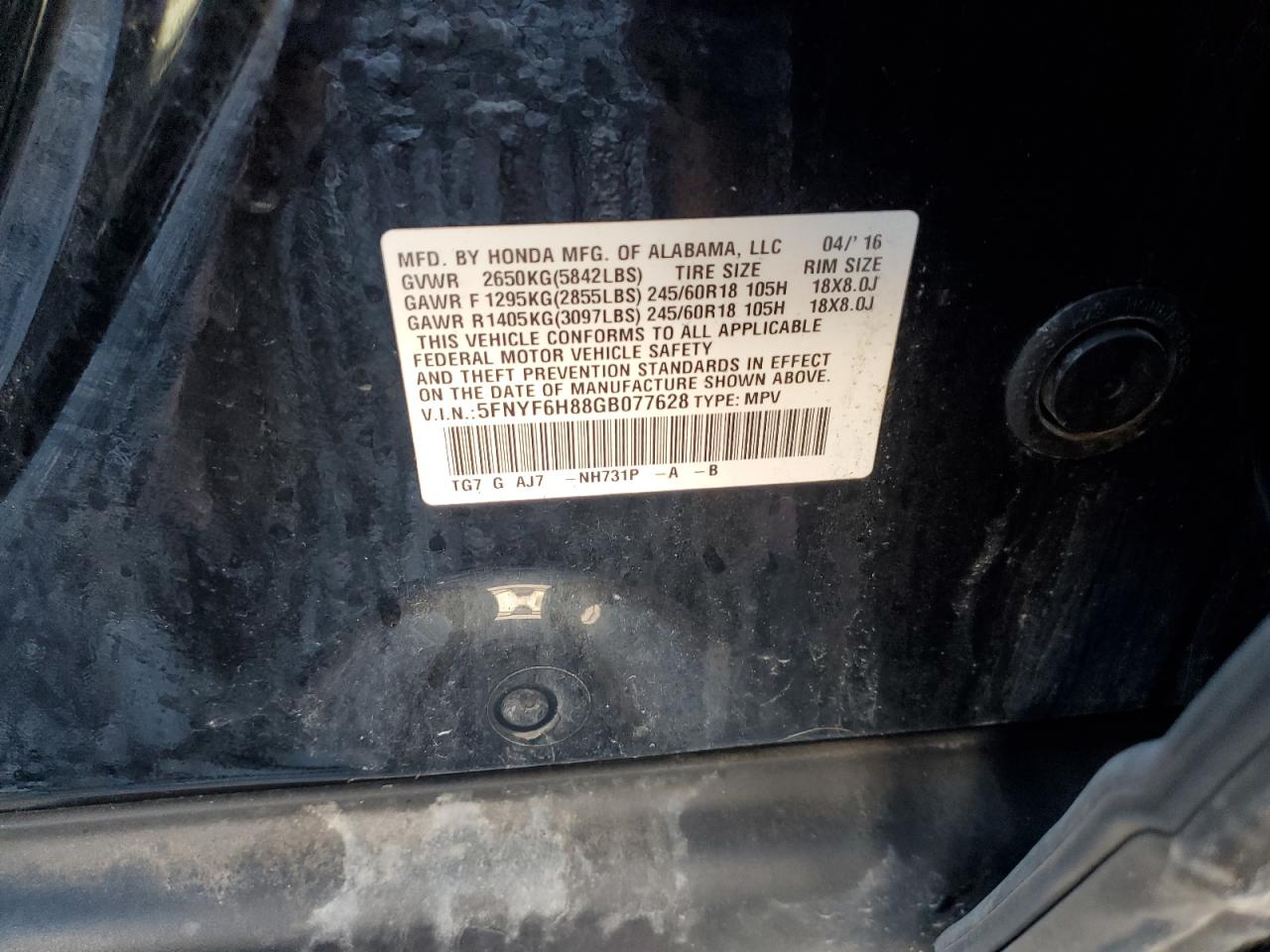 2016 Honda Pilot Exl VIN: 5FNYF6H88GB077628 Lot: 85821585