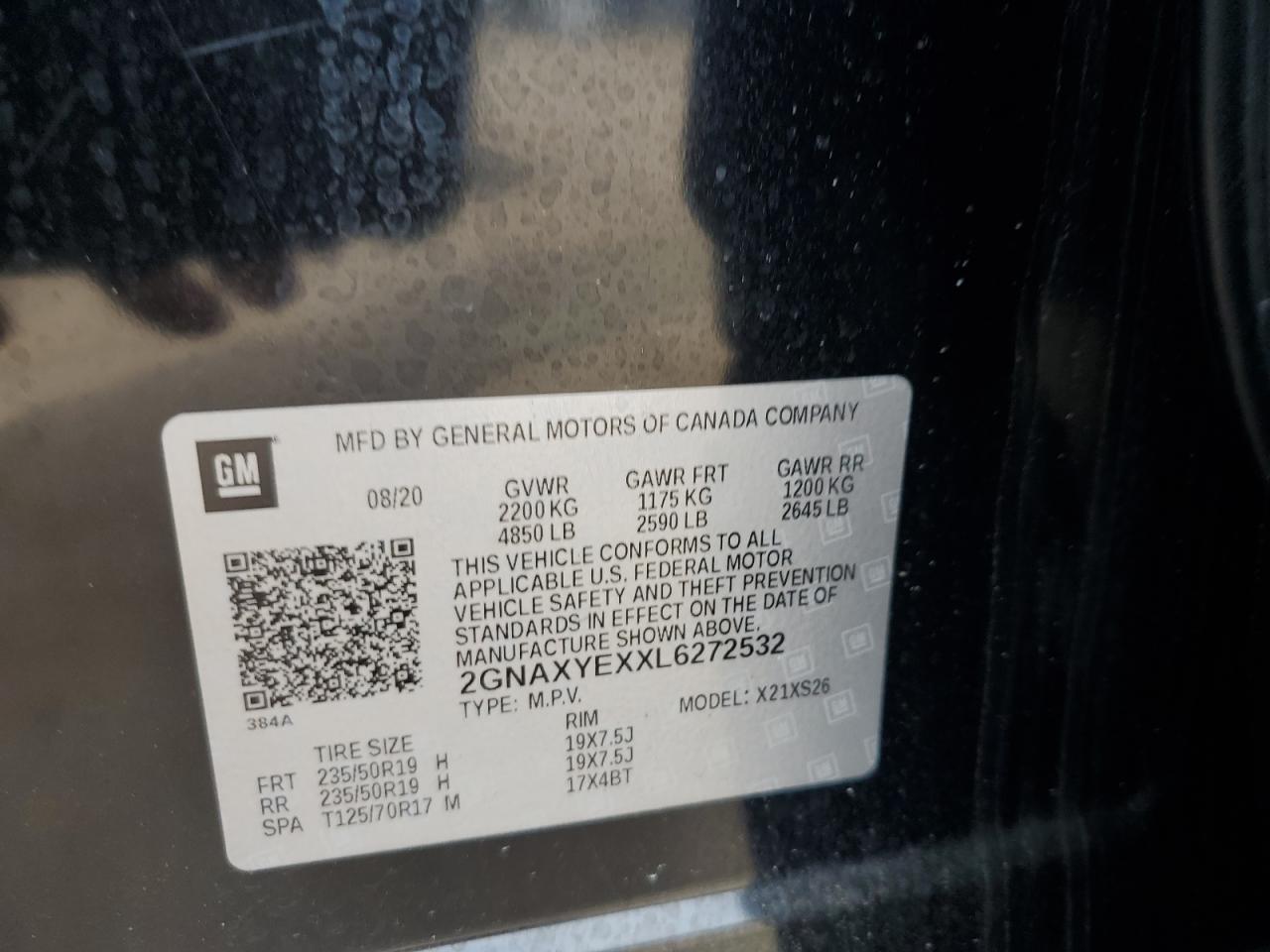 2020 Chevrolet Equinox Premier VIN: 2GNAXYEXXL6272532 Lot: 81905435