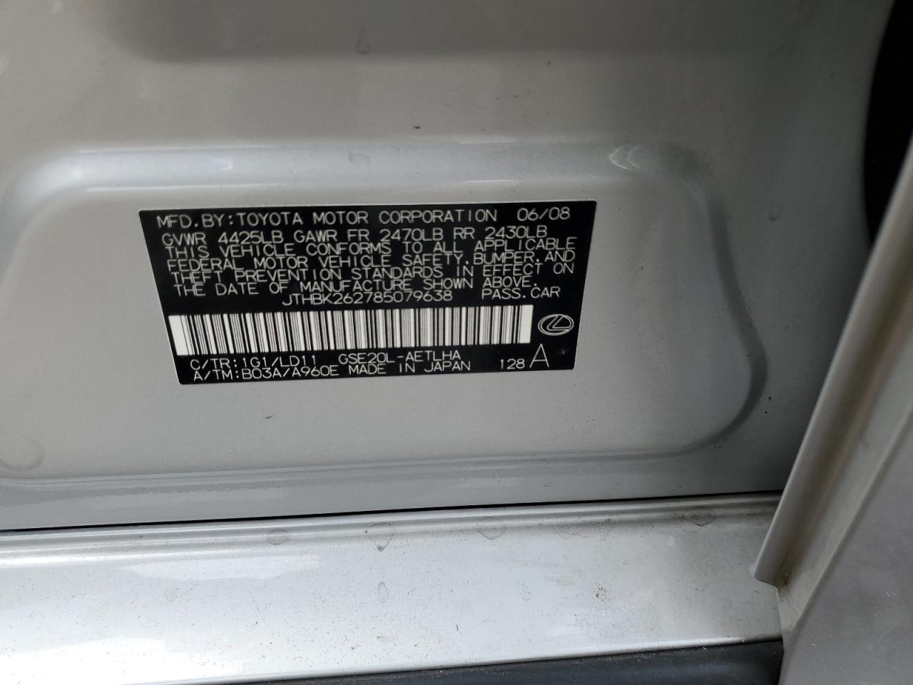 2008 Lexus Is 250 VIN: JTHBK262785079638 Lot: 86124785